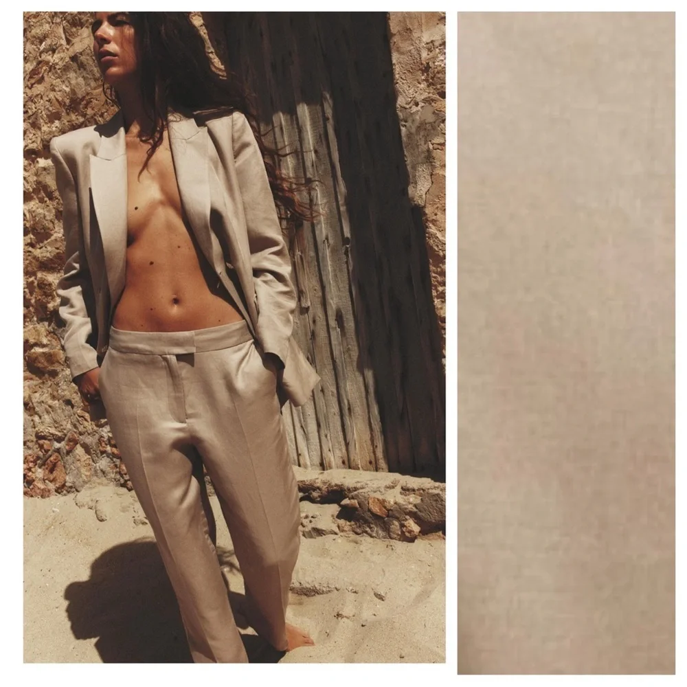 NWT. Zara Beige Viscose/Linen Blend Slim Fit High-Waisted Trousers. Size M.